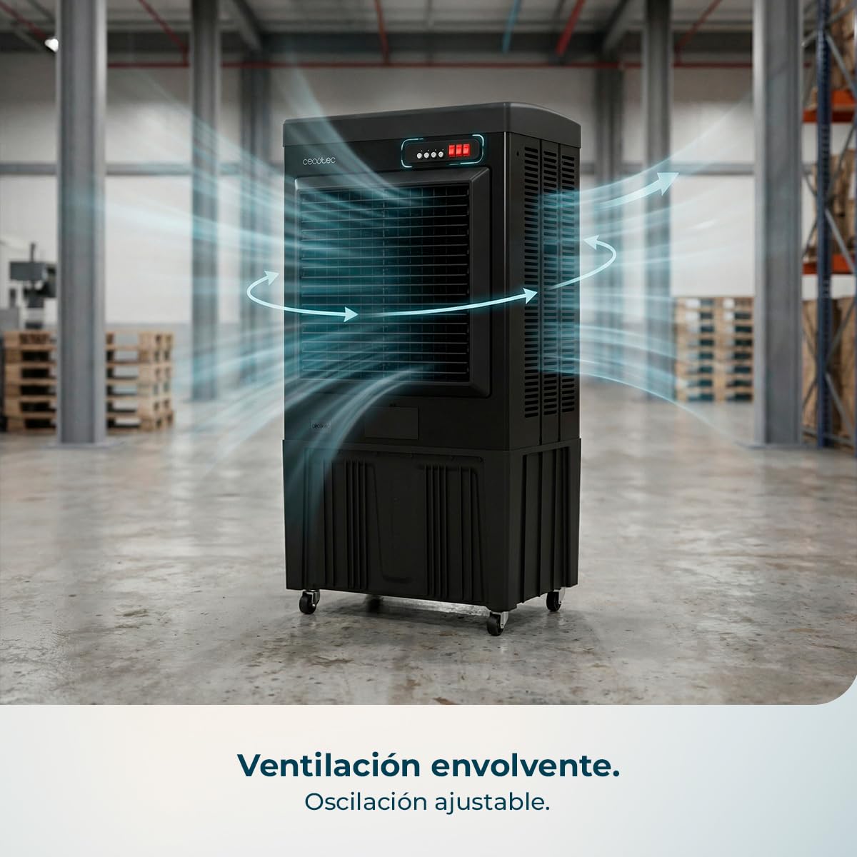 Cecotec Climatizador Evaporativo Industrial AirIndustry 110000. 350W, Depósito de 110 litros, Caudal de 9000 m3/h, 3 Velocidades Ajustables, Oscilación, Ruedas Multidireccionales