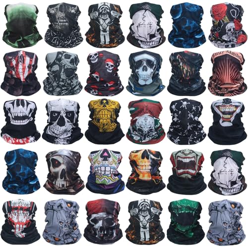 JaGely 30 Pieces Skull Neck Gaiters Scarf Elastic Sports Head Wrap Headband Seamless Halloween Bandana Face Mask for Women Men Riding Running Sports, 30 Styles
