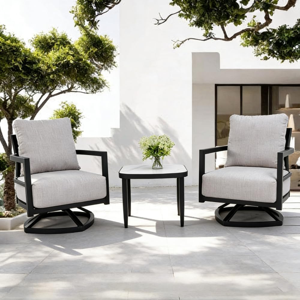 Modern Fully Weld Swivel Lounge Chair Patio Chat Set with Cushions and Elegance Arc Side Table with Marble-Inspired Stone Top, Outdoor Aluminum Furniture, Black (3-Piece)