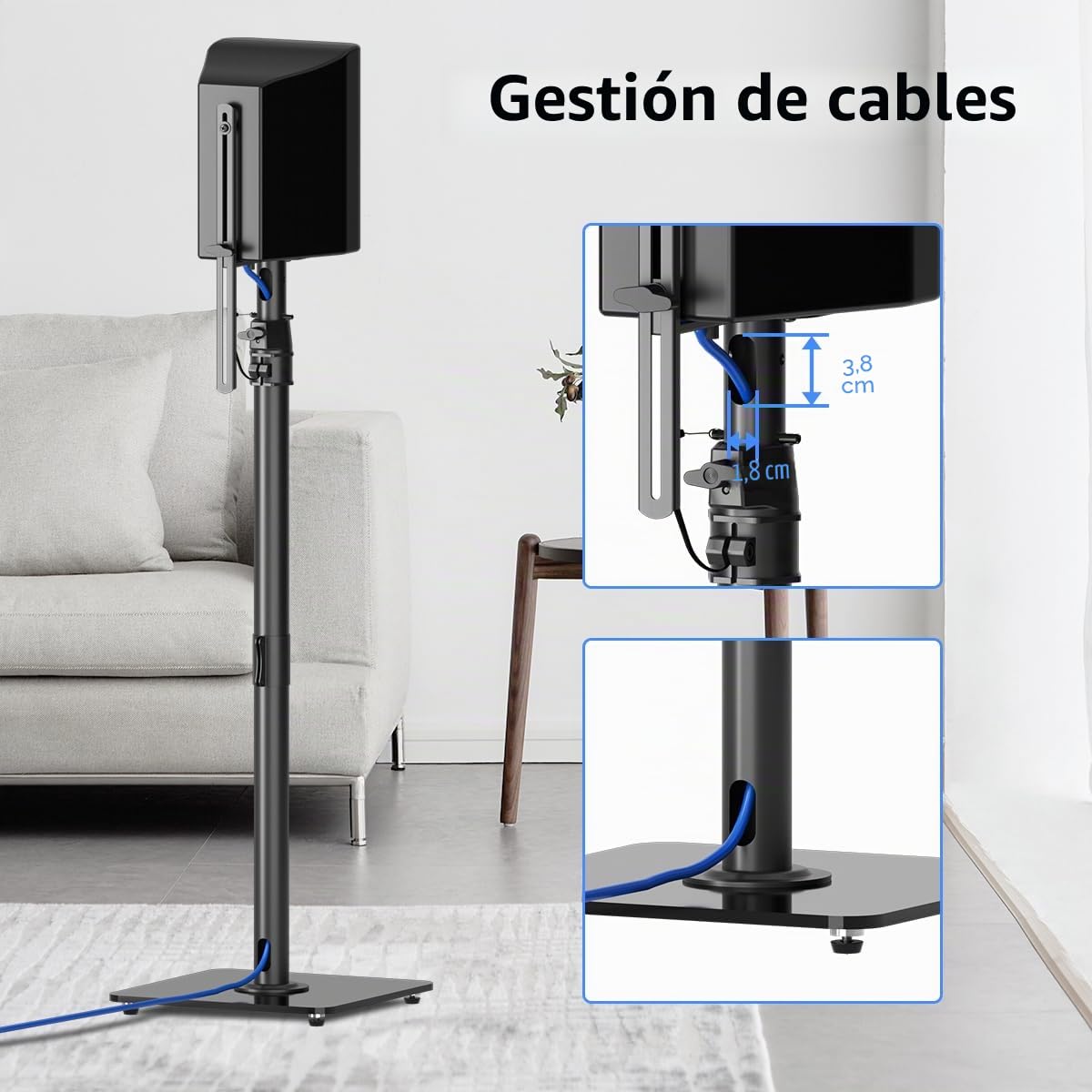 suptek Soportes de Suelo para Altavoces Envolventes: Par de Pies Regulables en Altura 86-113cm, Base de Vidrio Templado 30x30cm, Carga Máx. 10kg, Negro, SFM001