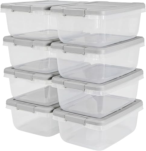 HomeLogic 15 Qt Stackable Storage Bins with Latching Lids 8-Pack, Clear Gray Plastic Organizers for Home, Office & Classroom
