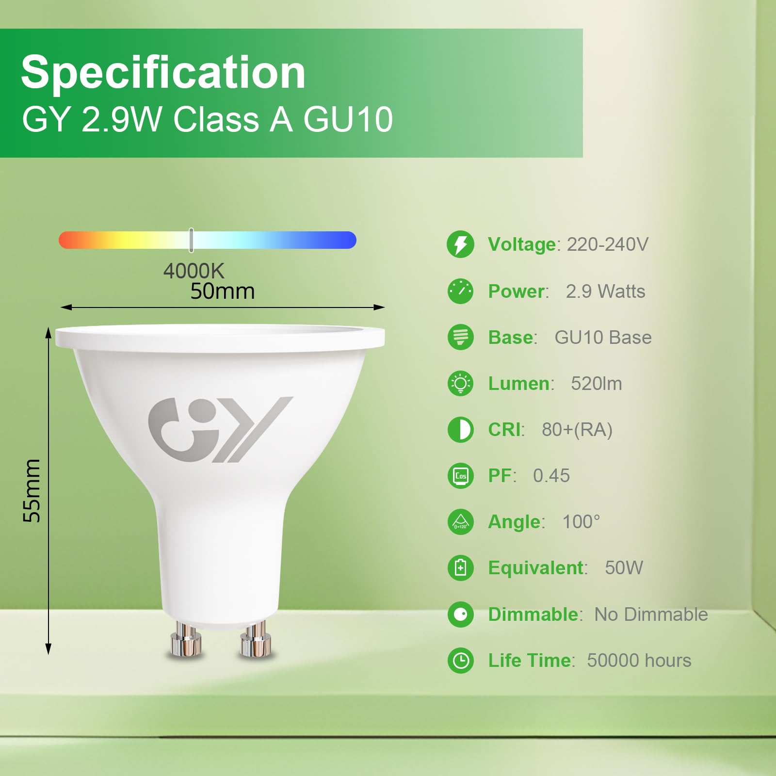 GY Lampadina LED GU10, 2.9W equivalente a una lampadina da 50W, Lampadine led GU10 4000K Bianco Naturale, 520Lumen, Angolo di illuminazione 110°, Attacco GU10 lampada, Non dimmerabile