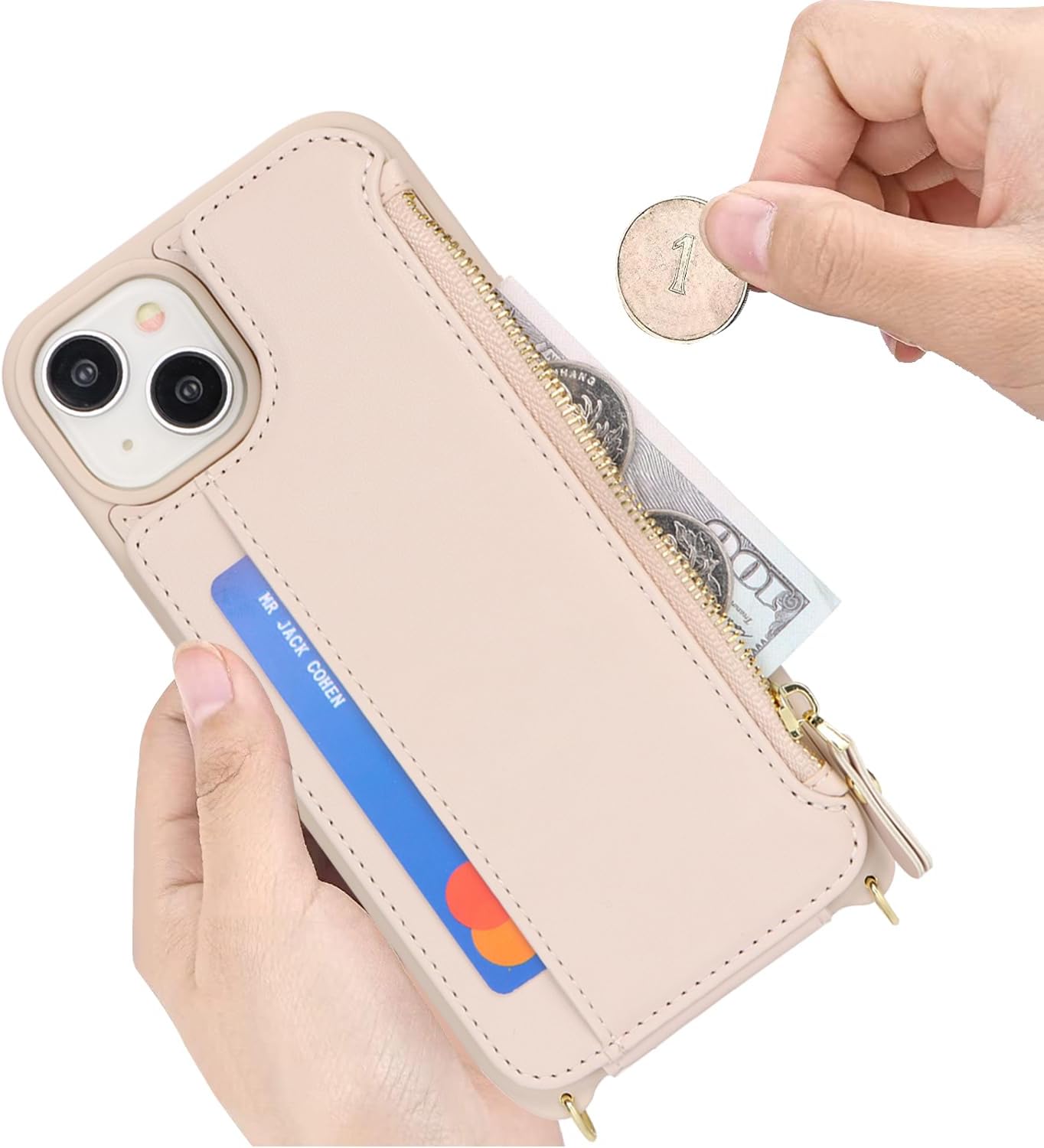 Cavor for iPhone 14 Plus Wallet Case with Card Holder for Women,for iPhone 14 Plus Case with Strap,Crossbody Lanyard and Wristlet Zipper Pocket Phone Cover-Cream - Image 6