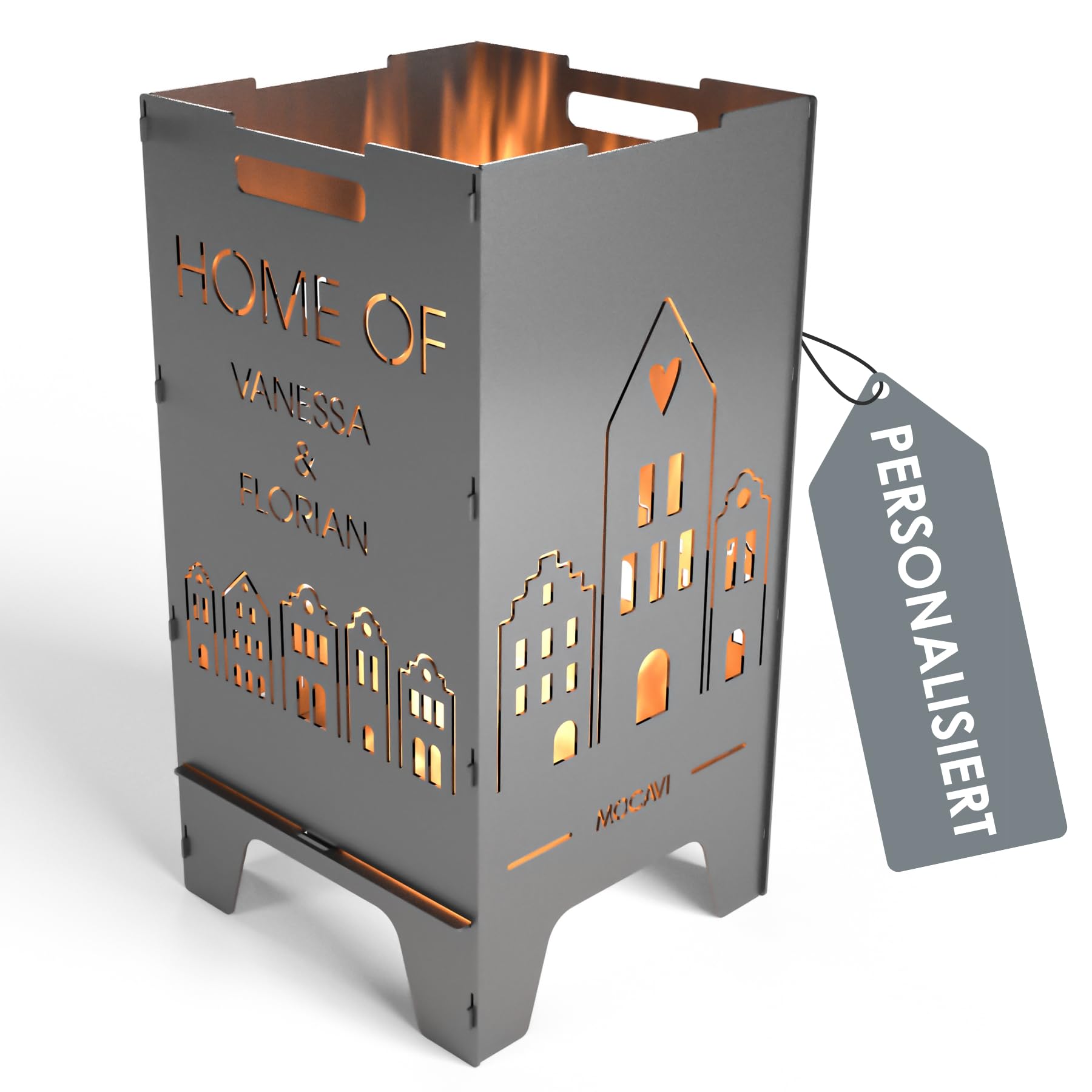 MOCAVI Feuertonne Home 73 cm | 3 mm Stahl personalisiert Feuerkorb Feuerschale sicher massiv robust Design-Feuerfass für Garten und Terrasse groß eckig Feuerstelle Outdoor hitzefest außen