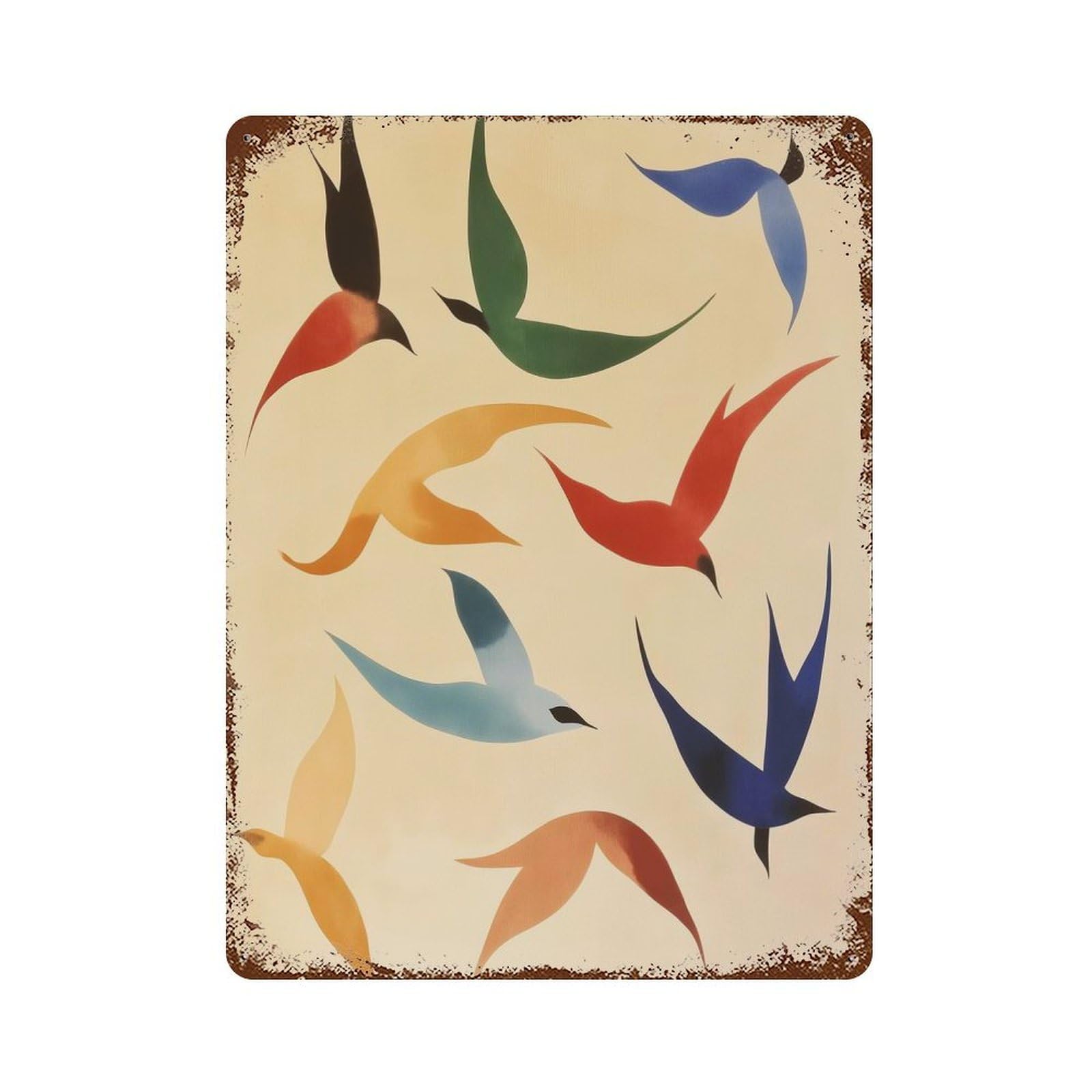 Mid Century Birds Colorful Distressed Metal Wall Sign 15.7"x11.8", Rustic Home Decor for Living Room, Hallway And Home Decor