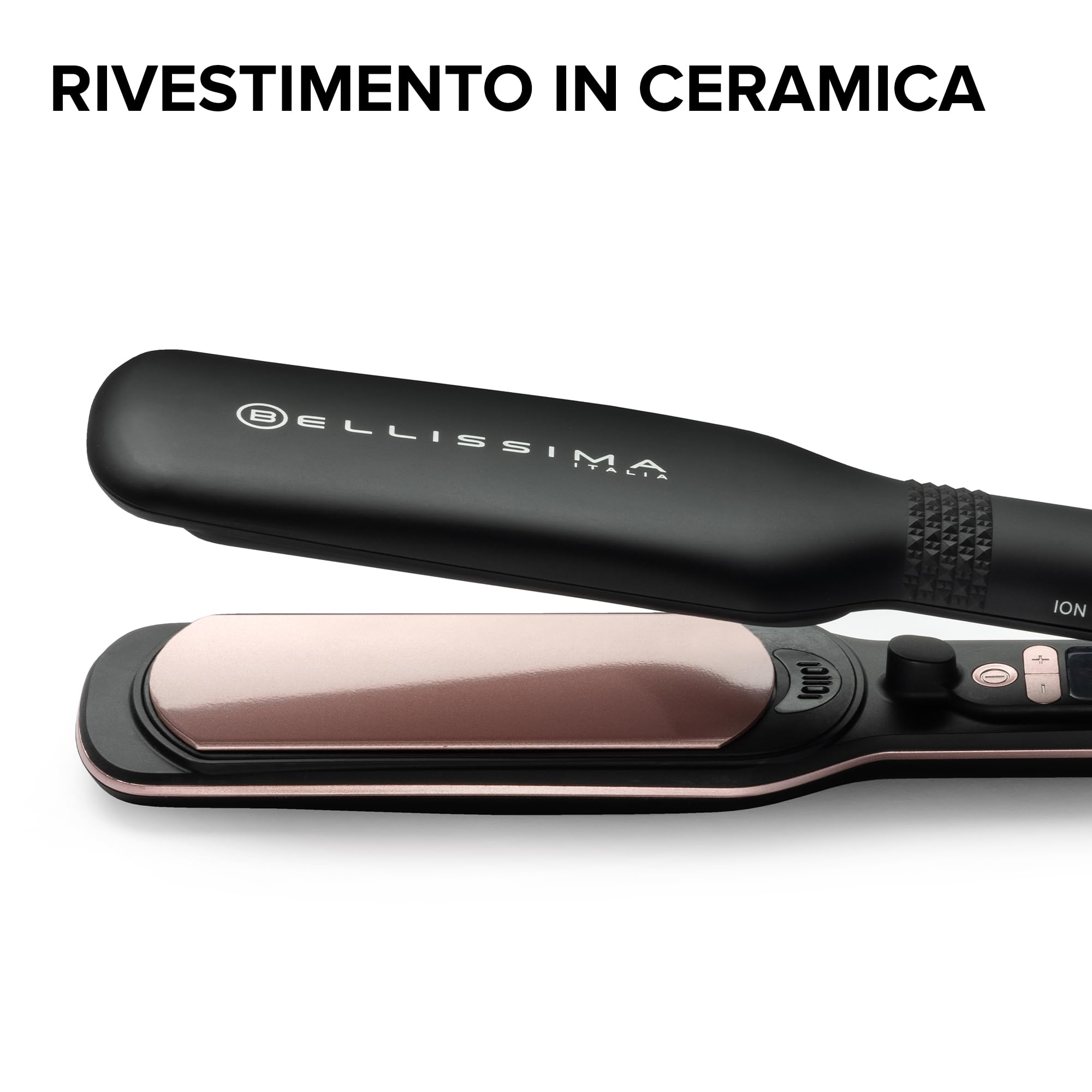 Bellissima Imetec XL ION, piastra per capelli lisci, piastre larghe, ionizzatore, rivestimento ceramica e cheratina, 5 temperature da 150 a 230°C, riscaldamento rapido, cavo 1,8 m