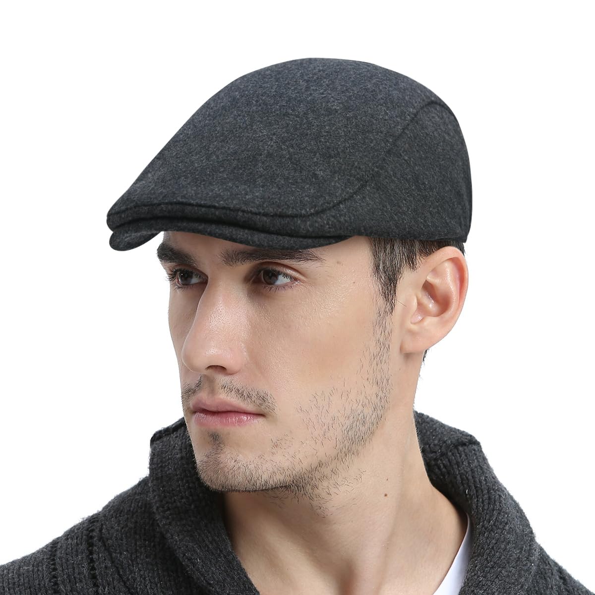 Feinion Men's Dark Grey Wool Blend Flat Cap Tweed Newsboy Ivy Hat, One Size