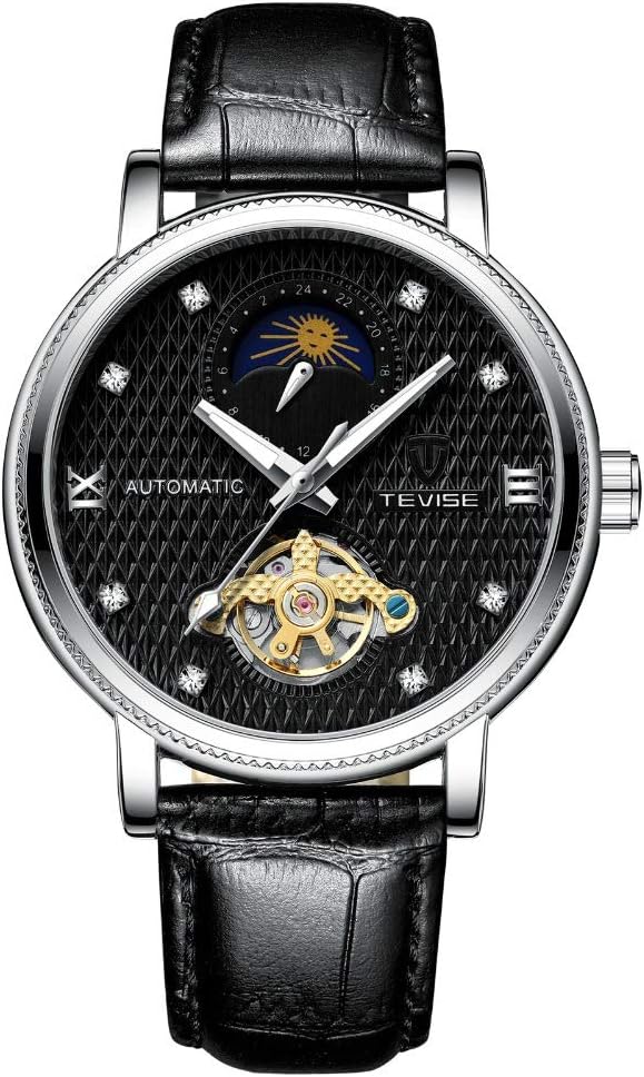 TEVISE Automatic Mechanical Watch Leather Strap Moon Phase Luminous Watches Tourbillon Fashion Wristwatches Daily Waterproof
