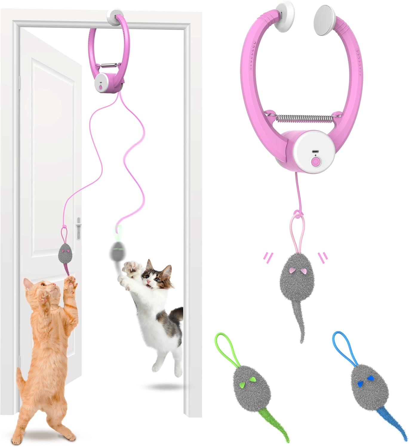 Cat Toys, Hanging Automatic Interactive Cat Toy, Colorful Bouncing Mice, Extra Long Elastic Rope, Motion Activated Rechargeable Cat Feathers Toys, Interactive Cat Toys for Indoor Cats/Kittens