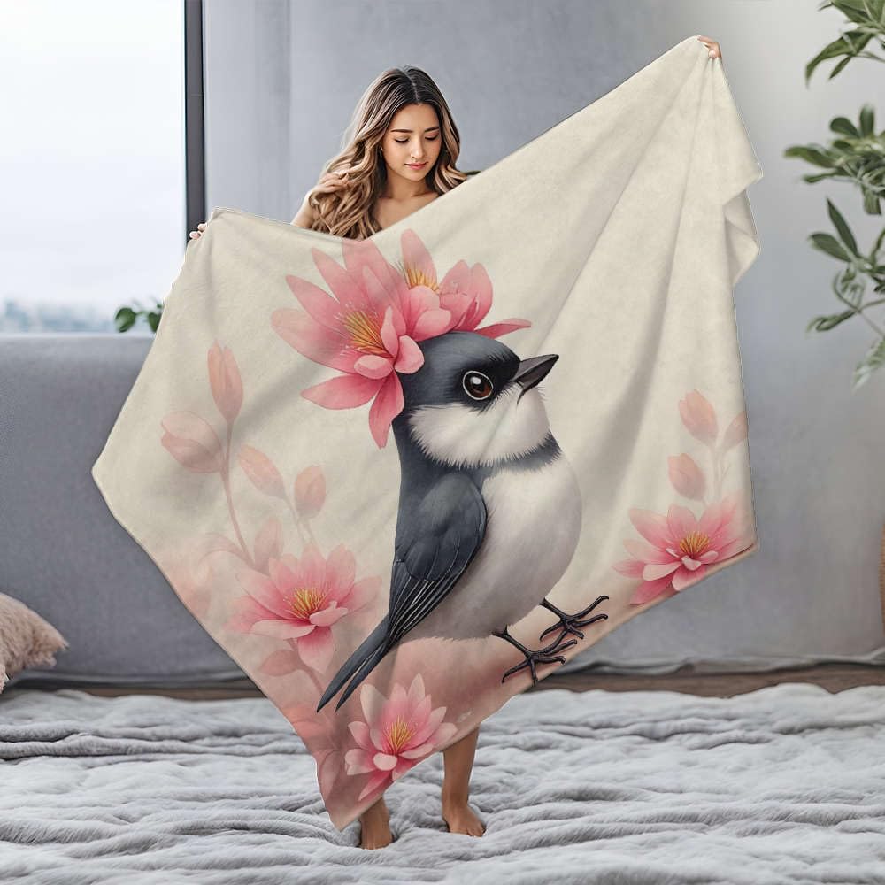 Couverture polaire pour bébé oiseau et fleurs roses 125x150cm