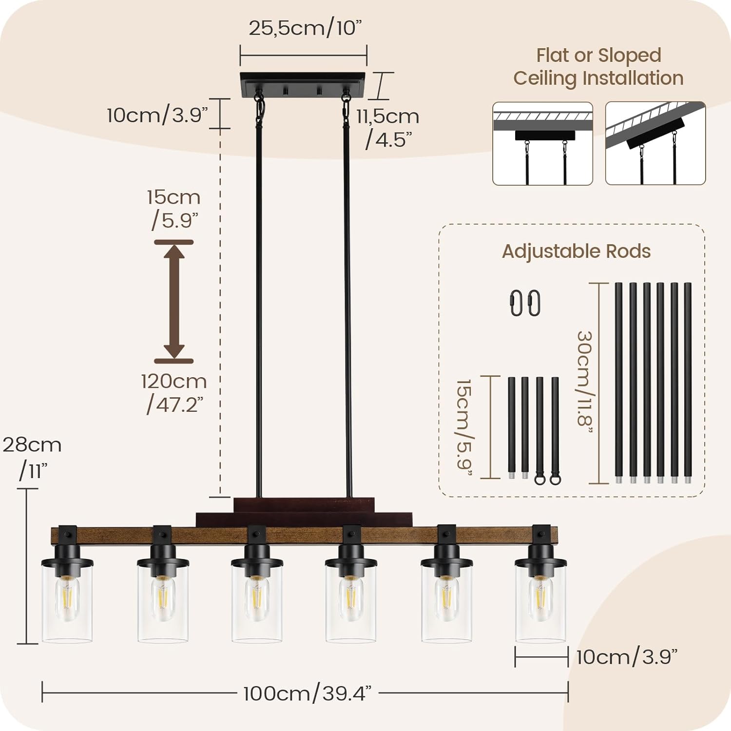 6-Light Kitchen Island Lighting Heavy Duty, Dining Room Light Fixture with Glass Shades, Kitchen Island Pendant Light Fixture, E26 Base, for Kitchen, Dining Room F02DT05
