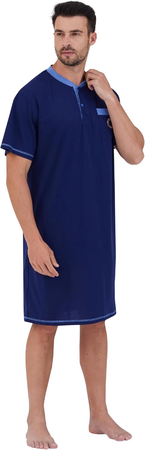 Keyocean Men Nightshirt, 100% Cotton Soft Comfy Short Sleeves Henley Neck Sleeping Loungewear - Image 4