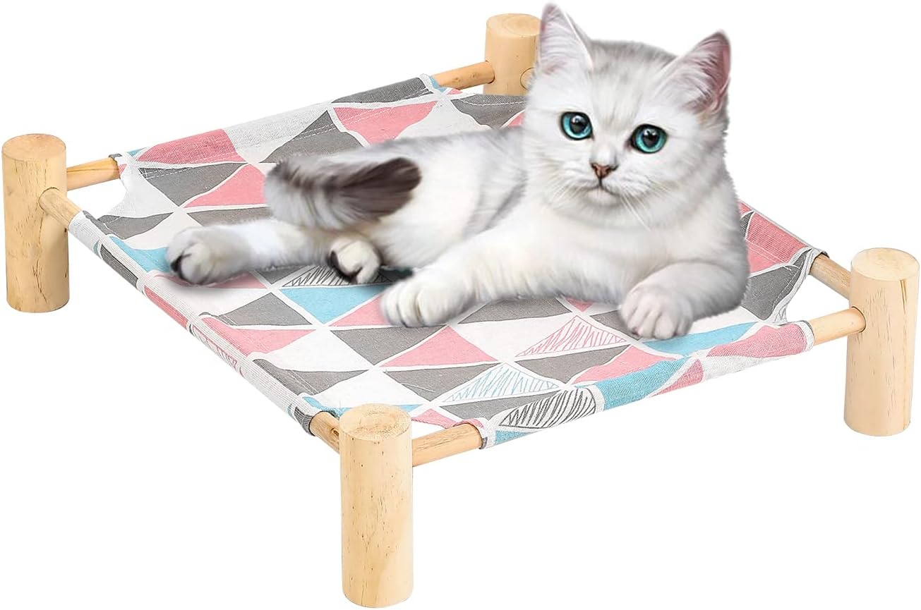 Cat Hammock Bed,Dog Bed Free-Standing Cat Sleeping Cat Bed ，Durable Canvas, Pine Wood Stand,Detachable and Portable Pet Bed for Summer…