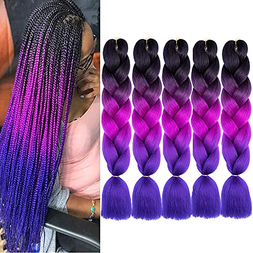 MSBELLE 5PCS Lot Ombre Braiding Hair Extensions For Braiding Hair Ombre 24inch Jumbo Colorful Braiding Hair Pre stretched 100g Pcs(Black-Purple Red-Blue)