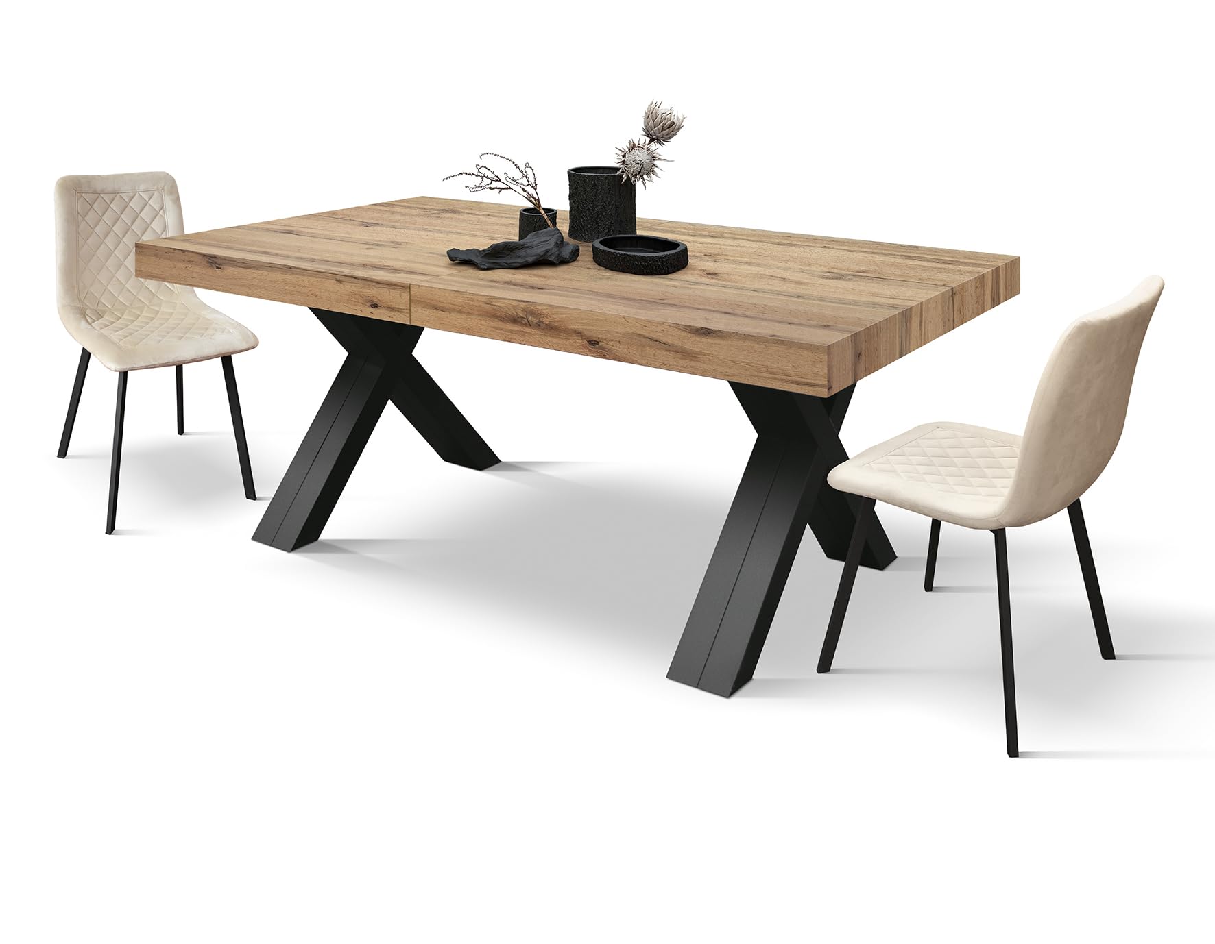 PAZZO DESIGN Table Extensible Roberta, chêne Rustique, mélaminé, Pieds en MDF Noirs en X, de 180 à 480 cm, fabriqué en Italie - id_2005
