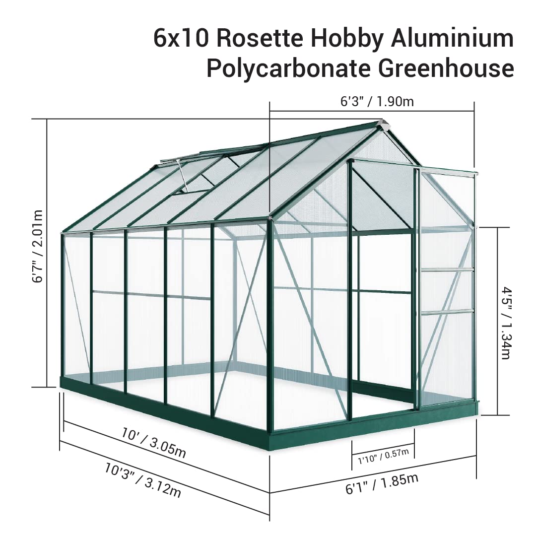 BillyOh Aluminiowa szklarnia 6x10 z oszkleniem z poliwęglanu, metalowa rama, ogród, zielony dom z otworami wentylacyjnymi i podstawą rozety, hobby