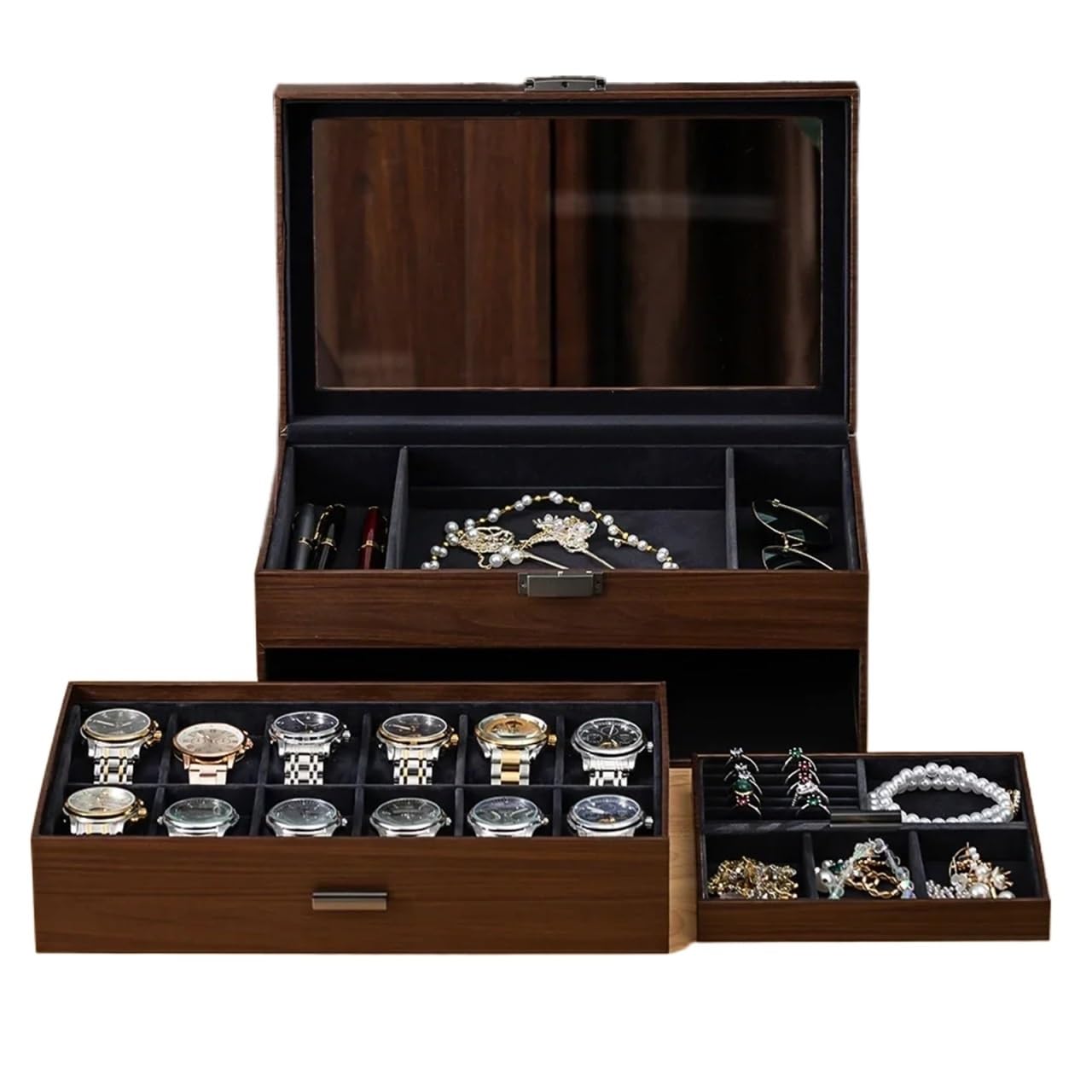 SHENJMAI Watch Box Walnut Wood Grain Multifunctional Storage Box Organizer Case for Watches Jewelry Sunglasses Accessories