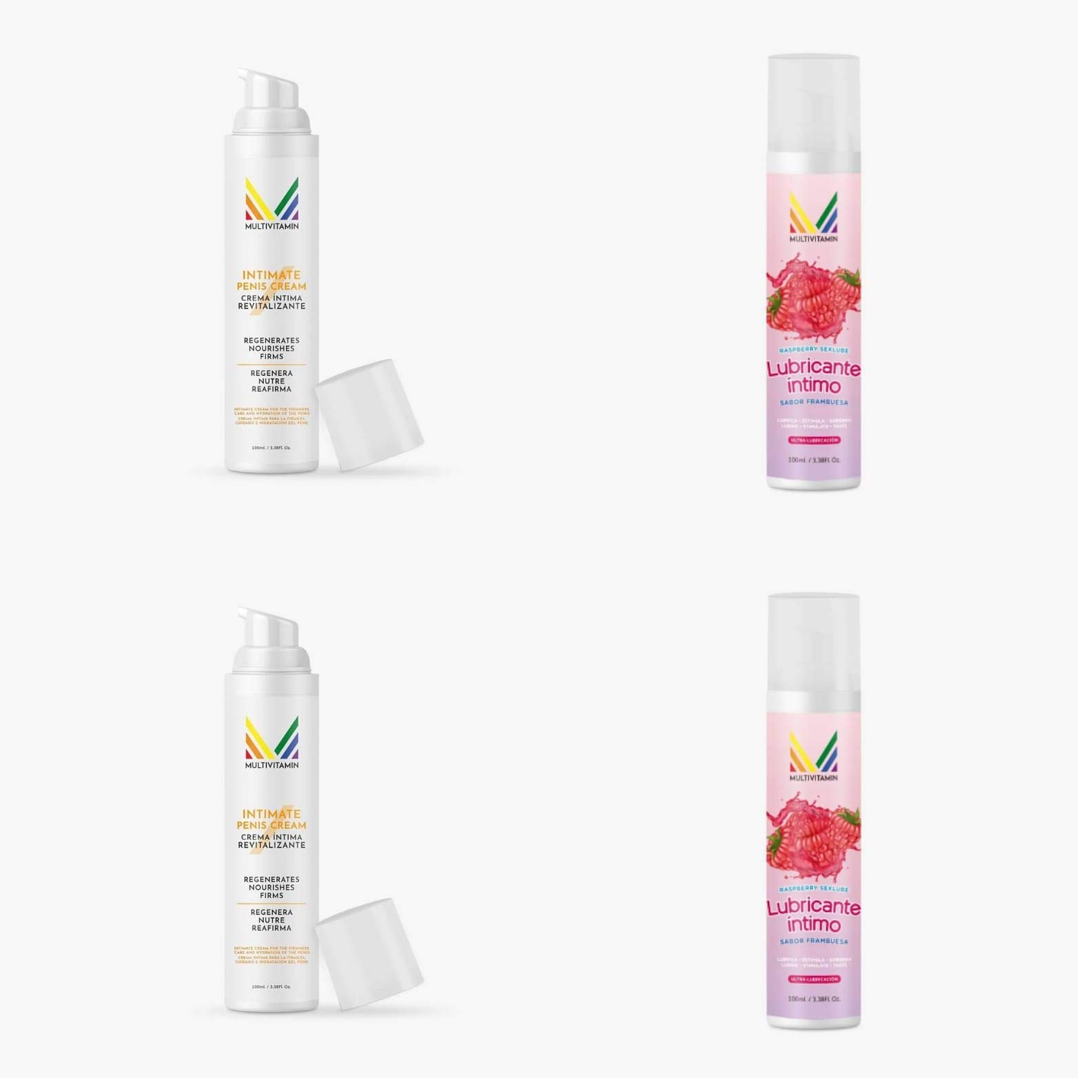 Pack de crema íntima masculina para mejorar la piel del pene y testículos 100 ml., y lubricante con triple acción hidratante, más lubricación, con sabor a frambuesa, 100 ml.