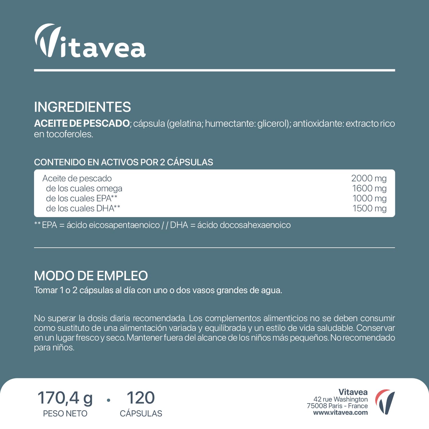 Omega 3 2000 mg Aceite de Pescado Puro – 120 Cápsulas (4 Meses) – 1000 mg EPA + 500 mg DHA – Alta Concentración – Salud Cardiovascular, Cerebral y Visual – Vitavea — view 7