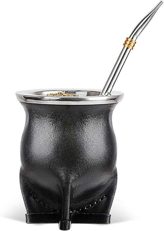 Cuopru Revestimiento de cerámica Yerba Mate Cup Argentina Calabaza con pajita Mate Bombilla, cepillo de limpieza (negro)