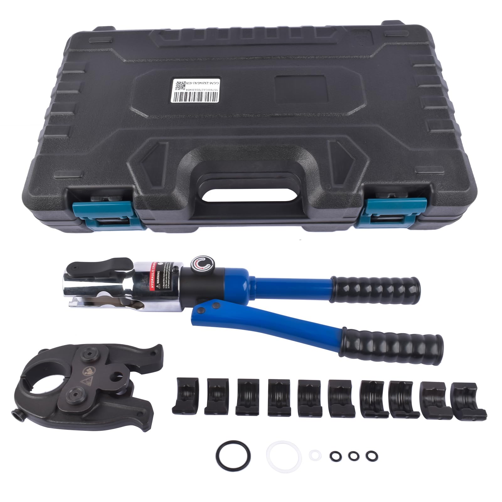 Profi Presszange V-Kontur (hydraulisch) 12-15-18-22-28 Set Presswerkzeug mit 360° drehbarem Kopf für Kupferrohr, Edelstahlrohr, Edelstahlrohr, Backeneinsätze V12, V15, V18, V22, V28, Blau
