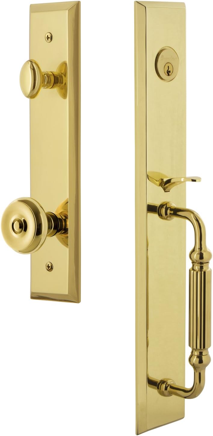 Grandeur 845872 Hardware Fifth Avenue One-Piece Handleset with F Grip and Bouton Knob, Backset Size-2.75", Vintage Brass