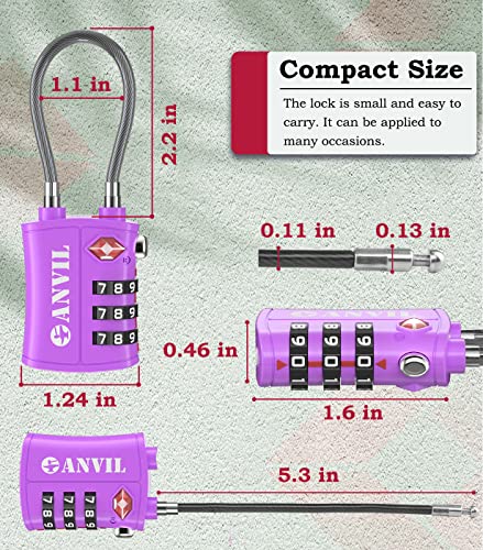ANVIL TSA Approved Cable Luggage Locks 3 Digit Combination Padlock with Zinc Alloy Steel Cable Lock Ideal for Travel Suitcase, Backpack, Lockers,Case,Toolbox - Thumbnail 3