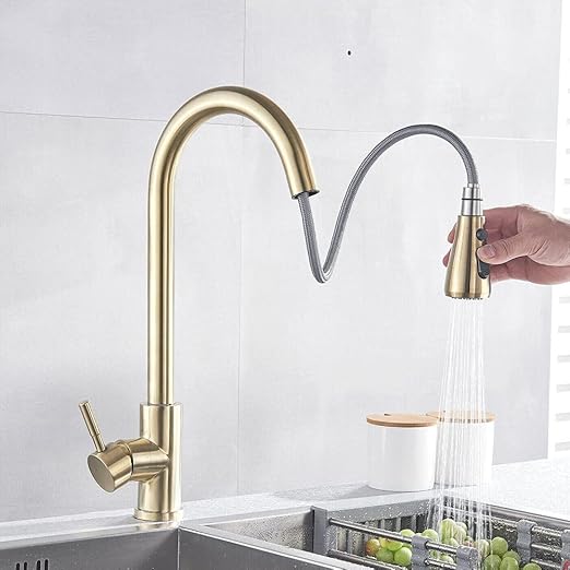 Brushed Gold Kitchen Sink Tap Pull Down Sprayer Single Lever Mixer Tap