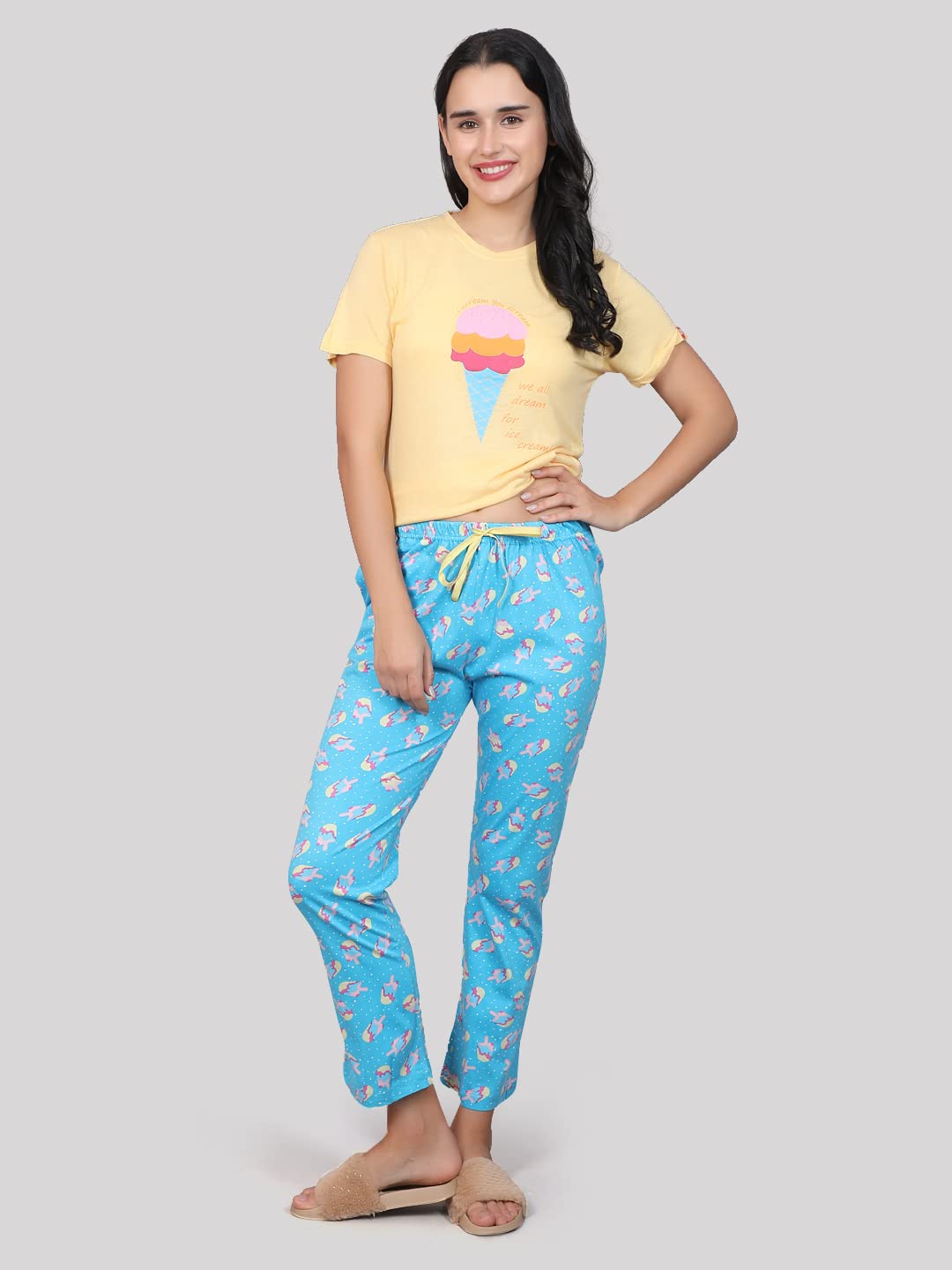 Evolove Conjunto de pijama de algodón con cuello en V y manga corta para mujer, súper suave y cómodo (camisón-redondo-HS-6)