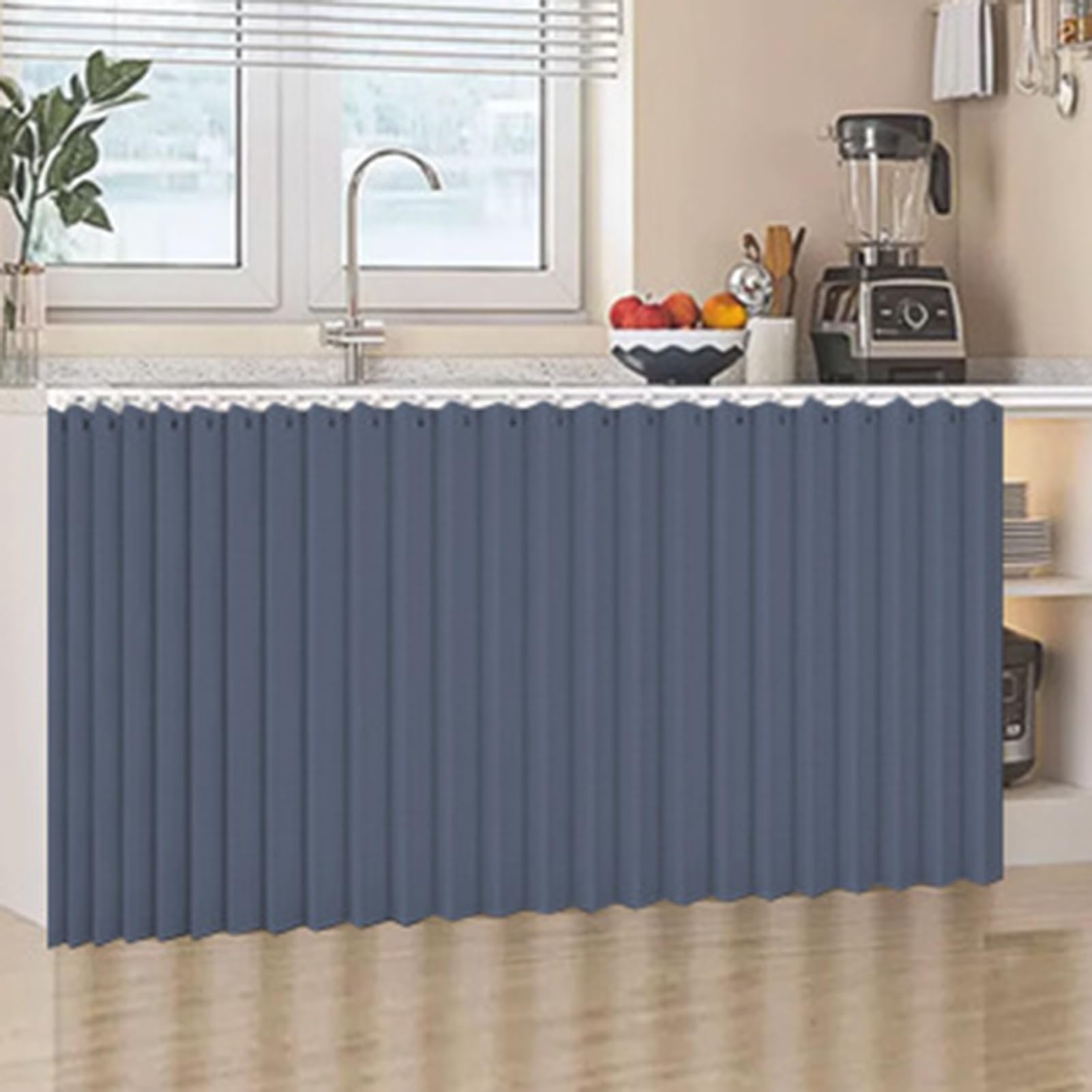 Dustproof Curtains for Open Shelves Linen Material Waterproof Sliding Wardrobe Curtain Kitchen Wardrobe Curtain Self-Adhesive with Sliding Rail, Curtain Shade,Blue,W110cm/H180cm