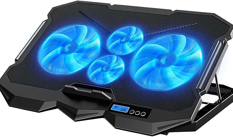 Base Refrigerada para Notebook com 4 Coolers, LED azul, Display Lcd e ajuste de Altura em 5 níveis, Compatível com notebooks até 17''