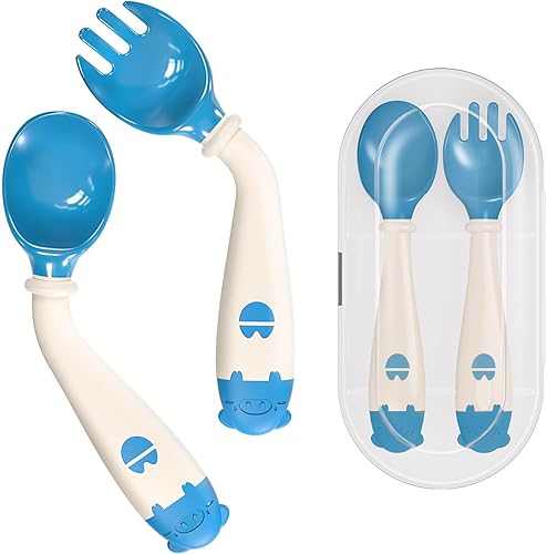 Deejoy Utensilios para niños pequeños con estuche de viaje, cucharas y tenedores para bebés, mango flexible de silicona, fácil agarre, resistente al