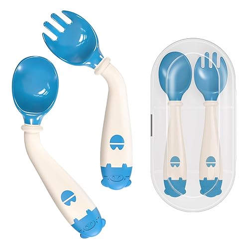 Deejoy Utensilios para niños pequeños con estuche de viaje, cucharas y tenedores para bebés, mango flexible de silicona, fácil agarre, resistente al