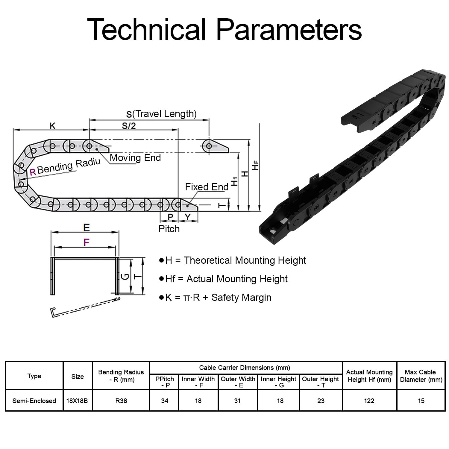 Pack of 2, R38 18mm x 18mm(Inner H x Inner W) Black Plastic Cable Wire Carrier Drag Chain 1M Length for CNC, with End Connectors - Semi Enclosed Type (Inner Side openable)