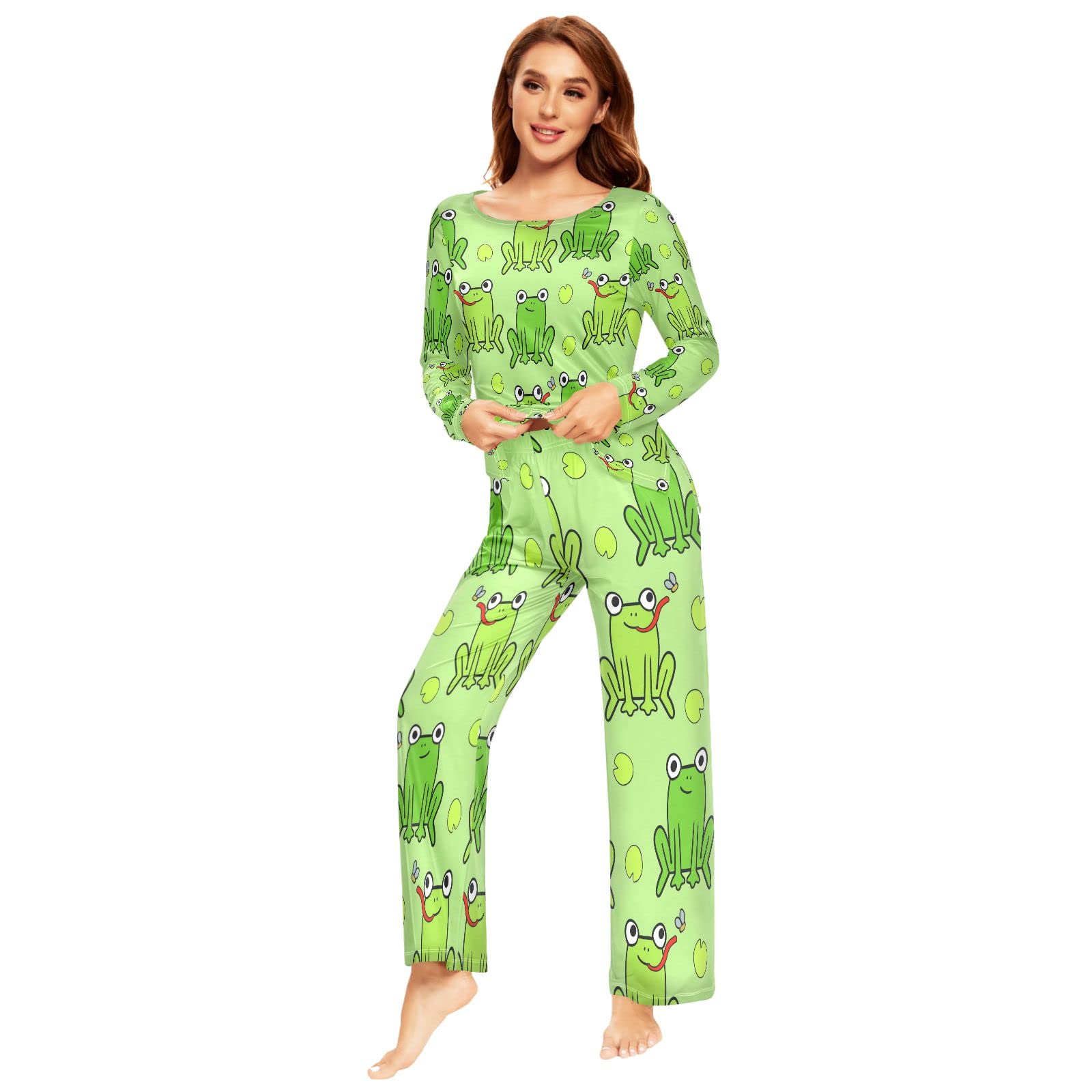 Schlafanzug Damen Lang Grüner Frosch-Muster Pyjama Damen Langarm Pyjamaset Nachtwäsche Zweiteiliger Hausanzug Sleepwear