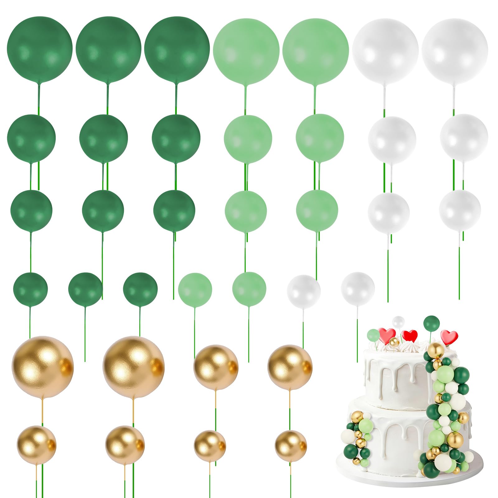 URAQT 36 Pièces Boules de Décoration de Gâteau, Decoration Gateau Anniversaire, pour Gâteaus d'anniversaire, Mariage, Pâtisserie Mariage Fête Célébration(Vert) - 1