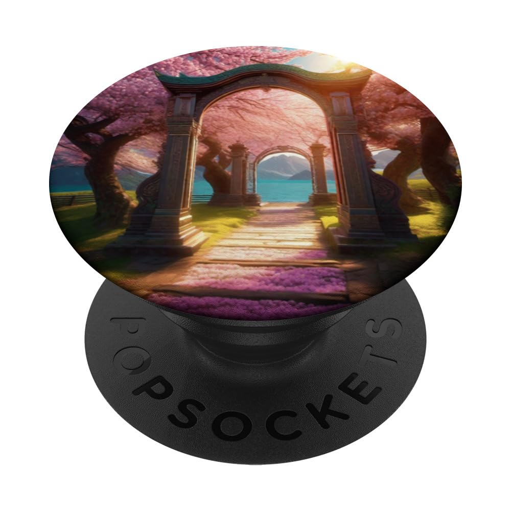 Mystical Cherry Blossoms Stone Arch Ethereal Fantasy Graphic PopSockets Swappable PopGrip, Black