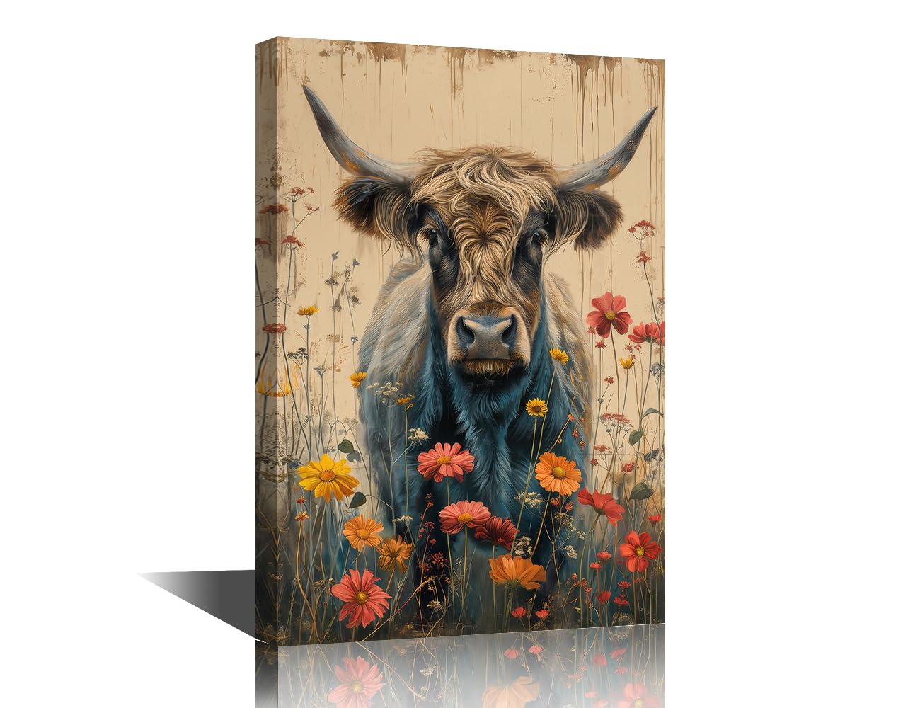 1Pieces Flowers Cattle on His Head Canvas Wall Art Highland Cattle Wall Art for Bedroom Wall Decor Art Paintings Abstract Farmhouse Modern Giclee Artwork for Office Home Decor Ready to Hang 36x24in