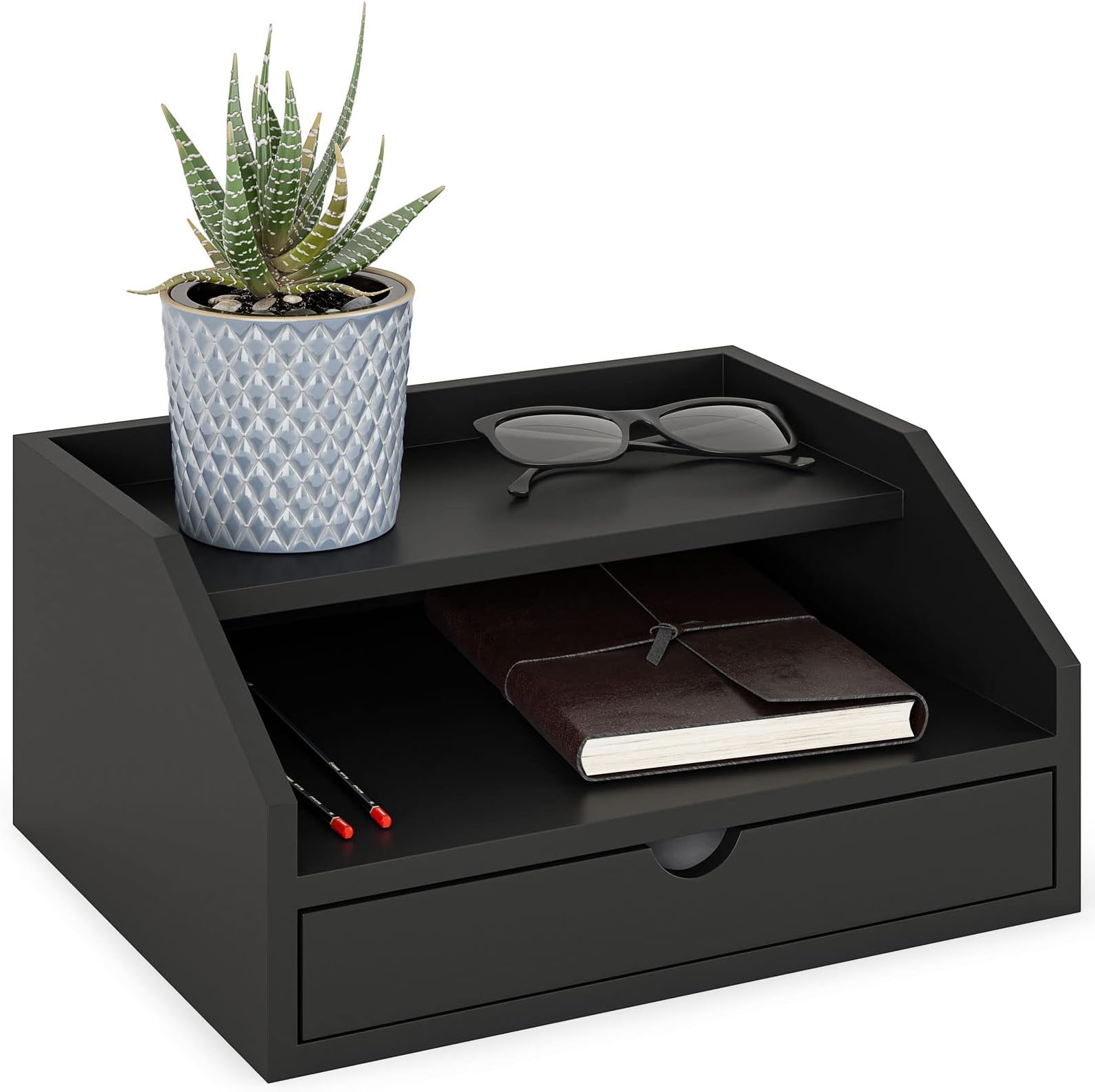 Desk Organizer with Drawer, 2 Tier Paper Office Supplies Desk Organizer, 13 2/5" x 9 3/5" x 6", Black