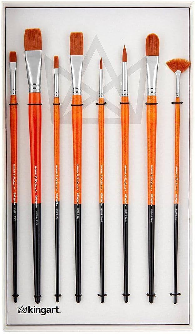 KINGART Premium Radiant, Golden Taklon Long Handle Brushes, Set of 8