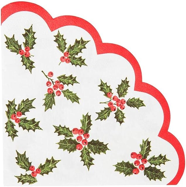 Talking Tables Pack of 20 Scalloped Christmas Napkins with Holly Leaves and Red Berries | Paper Serviettes for Xmas, Boxing Day, Winter Dinner Party, Decoupage, BC-Holly-SCALNAPV2