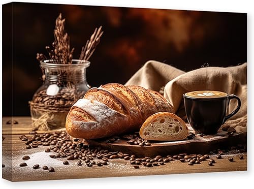 CXHOSTENT Lienzo decorativo para cocina, arte de pared, café, pan, granos de café, cuadros de alimentos, pintura impresa, café, comedor, marco