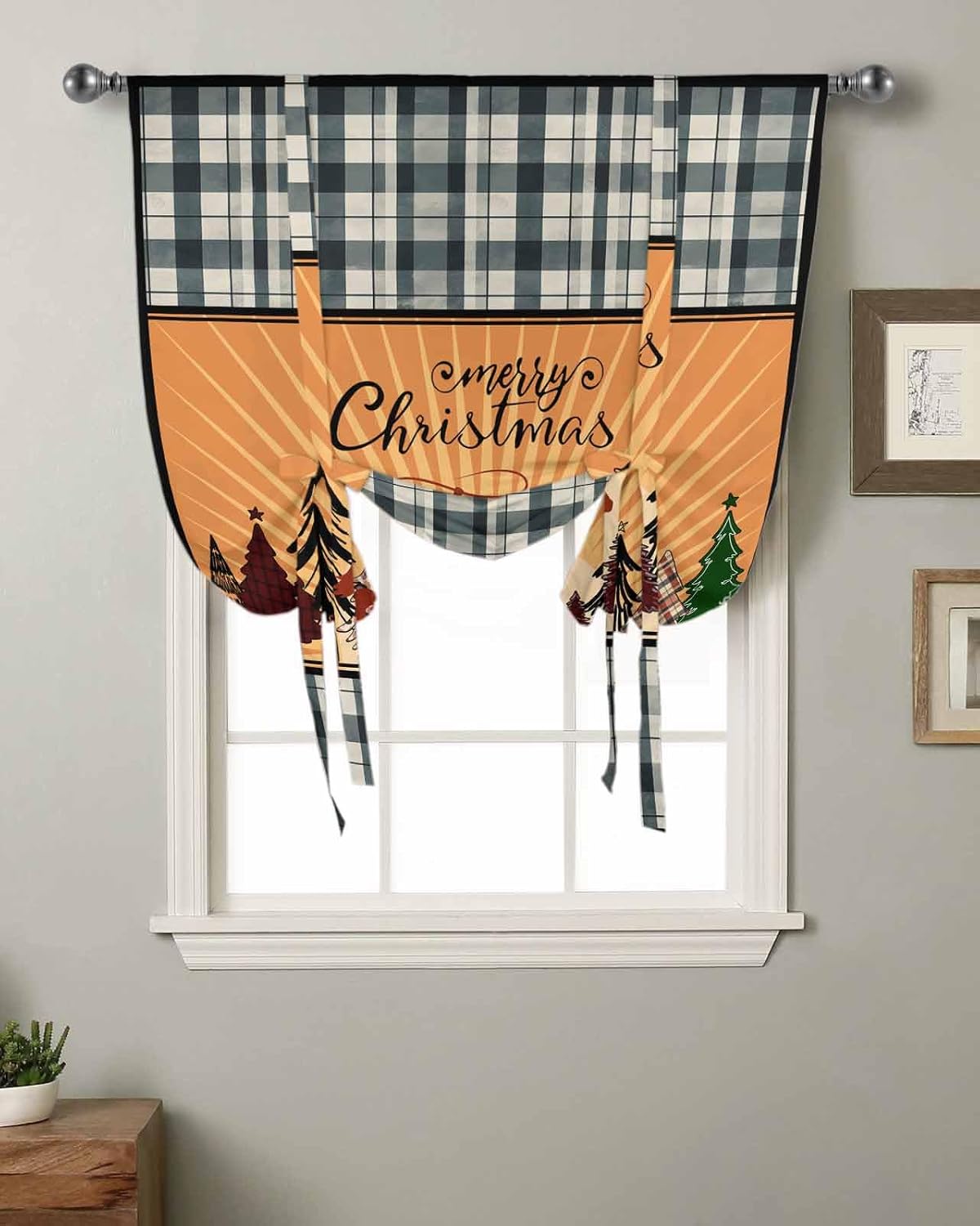 MISHKIN Christmas Cowboy Tie Up Curtain for Window Blackout Balloon Valance Curtain for Bathroom Western Winter Xmas Tree Orange Adjustable Window Shade for Kitchen Living Room Bedroom 52" Wx63 L