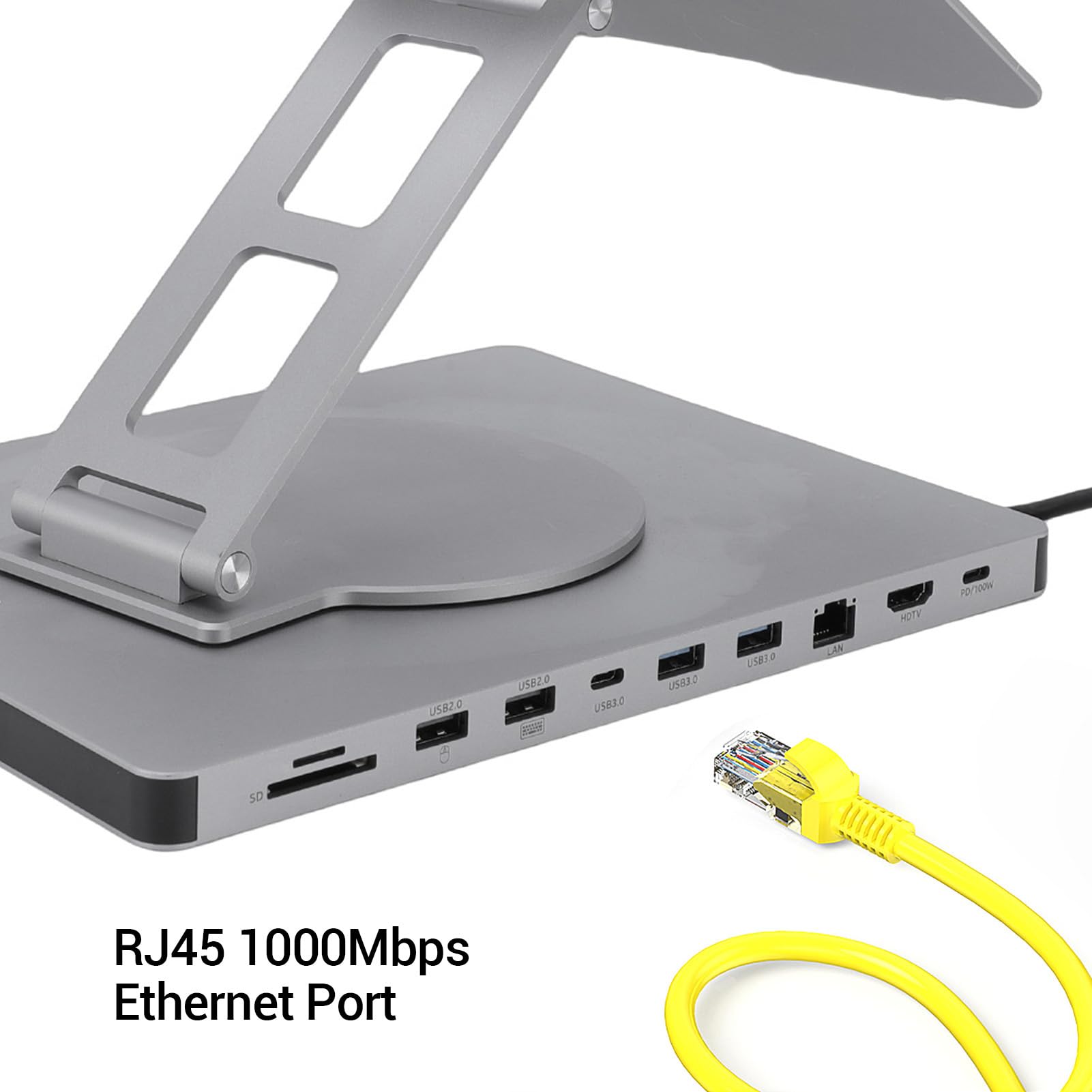 Diyeeni Support pour Ordinateur Portable pour Bureau avec Station d'accueil, Hub USB C 10 en 1 avec 4K à 60 Hz, USB 3.0, Chargement PD100W PD, Support pour Ordinateur Portable Réglable