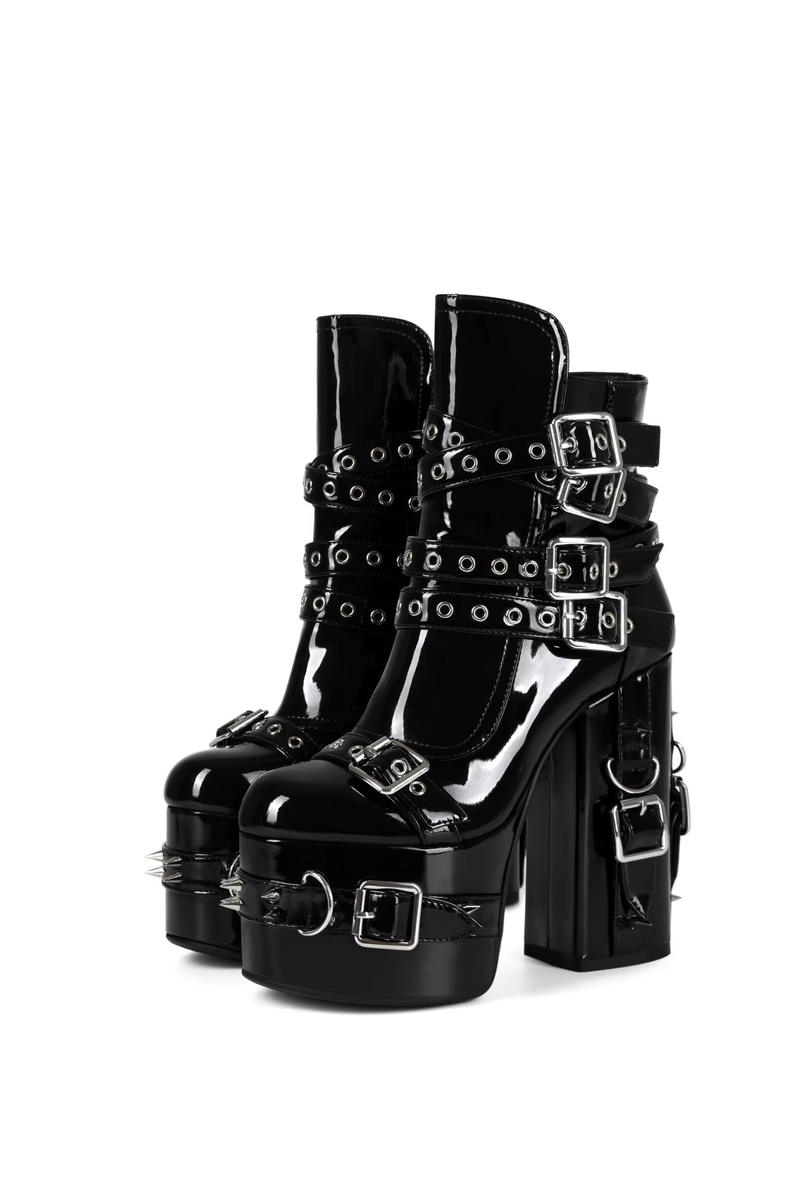Frankie Hsu Handmade Goth Chunky Platform Ankle High Heeled Bootie Black Patent Buckle Strap Punk Gothic Y2K Hot