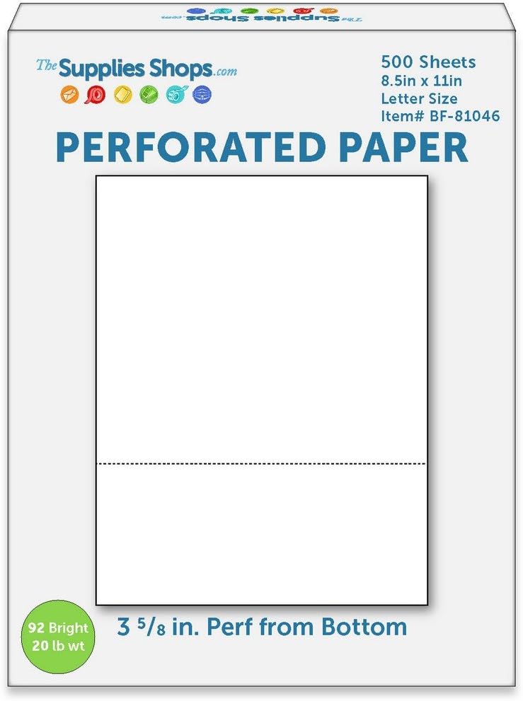 Perforated Paper, 3 5/8" From Bottom, Horizontal on White 20# Letter Size Copy Paper (Ream of 500)
