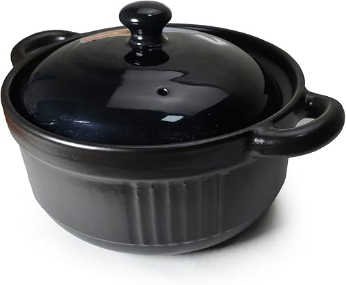 Miniatura 2 de Cacerola de arcilla resistente al calor, cuencos de cerámica de alta calidad, tapa para cocinar, sopa negro y blanco (negro, 88 onzas)