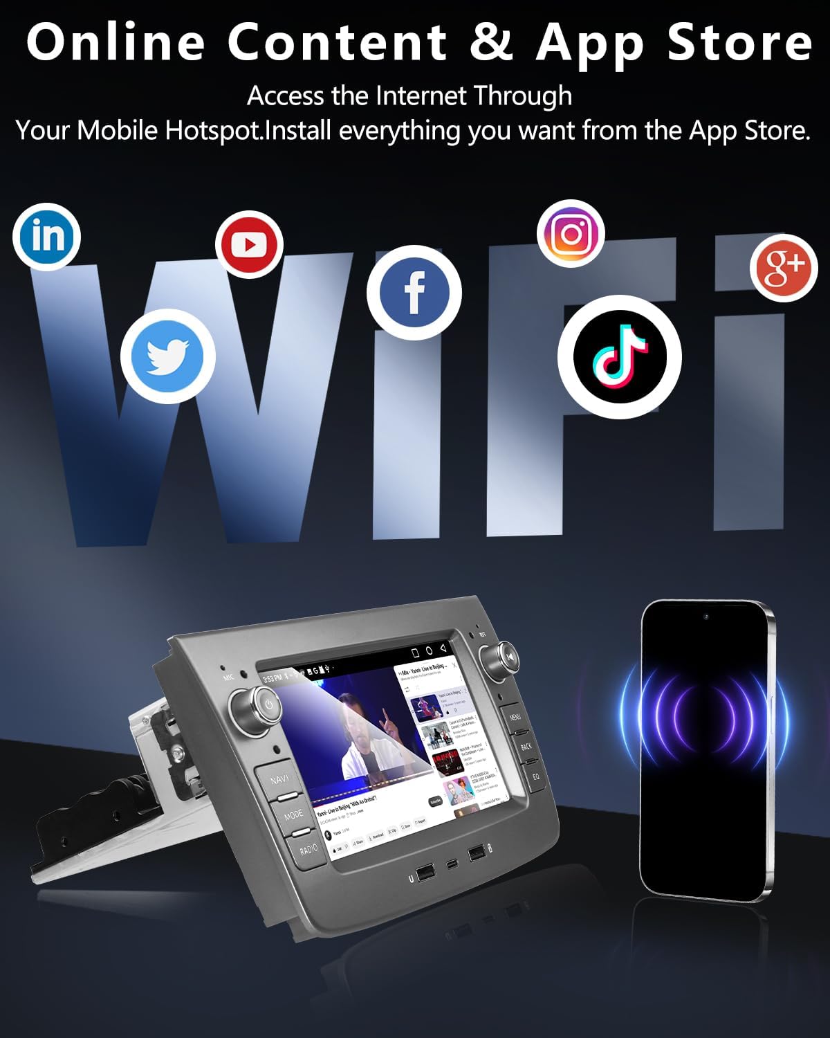 Image showing the car radio screen with various app icons and a Wi-Fi symbol, indicating online content access.