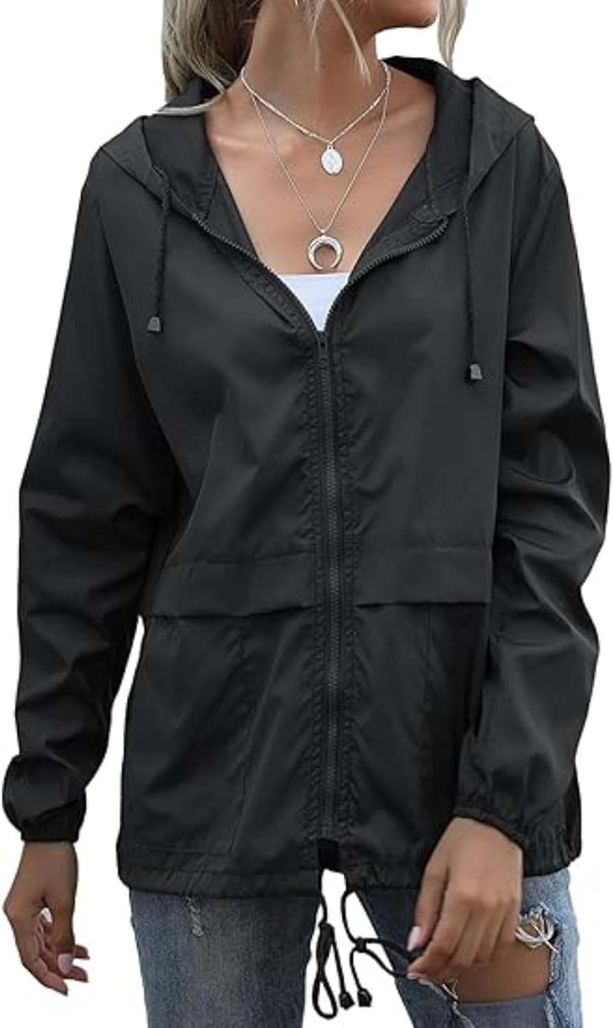 Women Lightweight Solid Hiking Raincoat Fashion Relaxed fit Drawstring Hoodies Full Zipper Hooded Rain Jackets