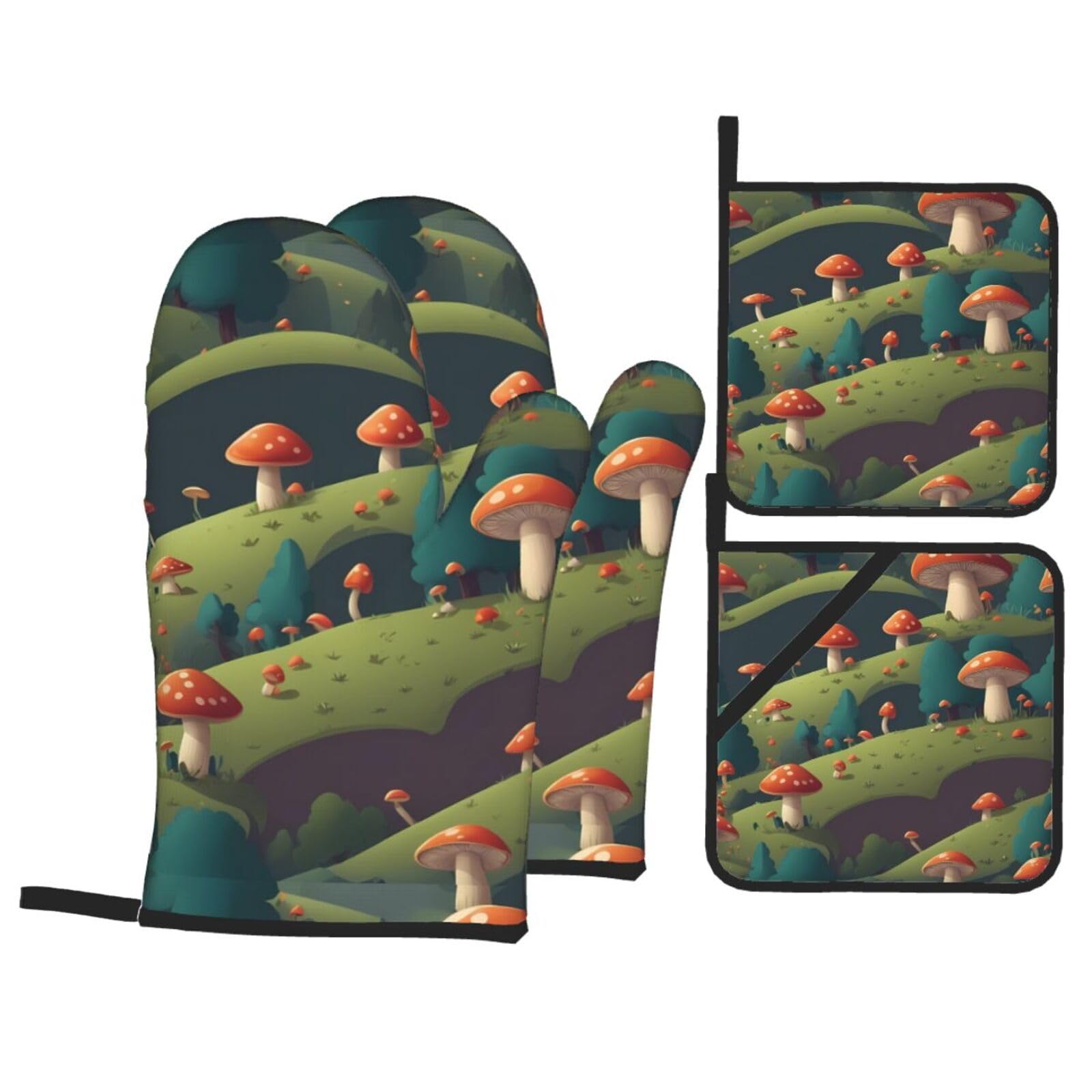 HJFCZH Mountain Full of Mushrooms Picture Kitchen Baking Set of 4 Thick Insulated Oven Mitt & Pot Holders, Anti-Scalding for Microwave, Oven, Outdoor BBQ